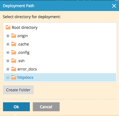 Screenshot of the Deployment Path directory pop-up in Plesk