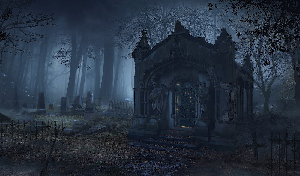 A locked tomb on a gloomy graveyard