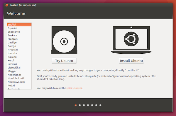 Screenshot of the Ubuntu selection screen